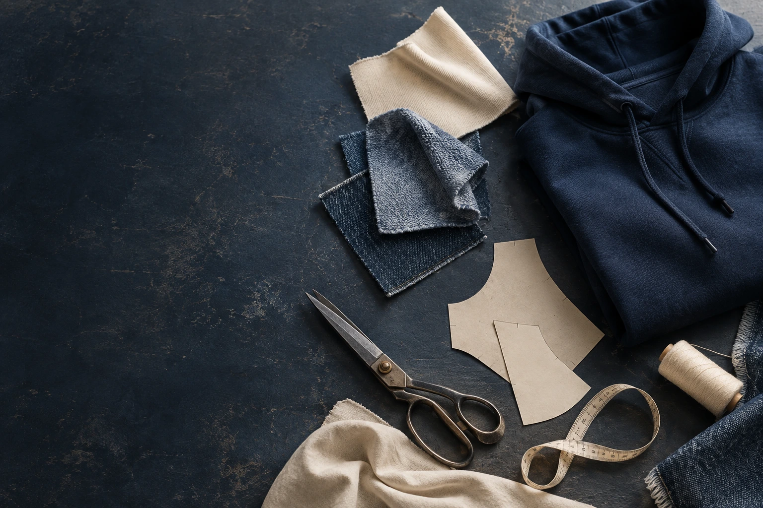 Illustrative material worktable with indigo cloth, a cotton sweatshirt, fabric swatches and garment patterns