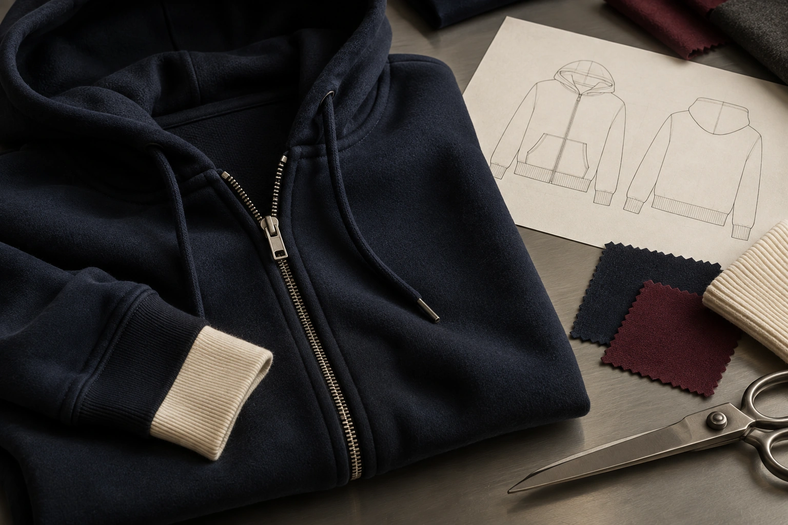 a navy hoodie sample with front and back technical drawings and fabric swatches