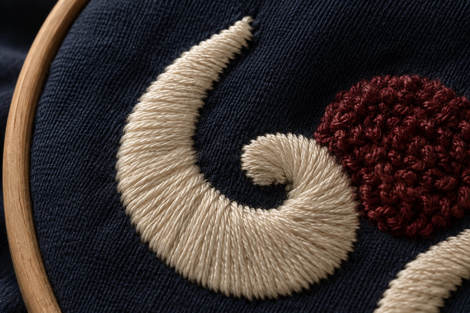 ivory satin stitching and burgundy chenille on navy fabric in an embroidery hoop