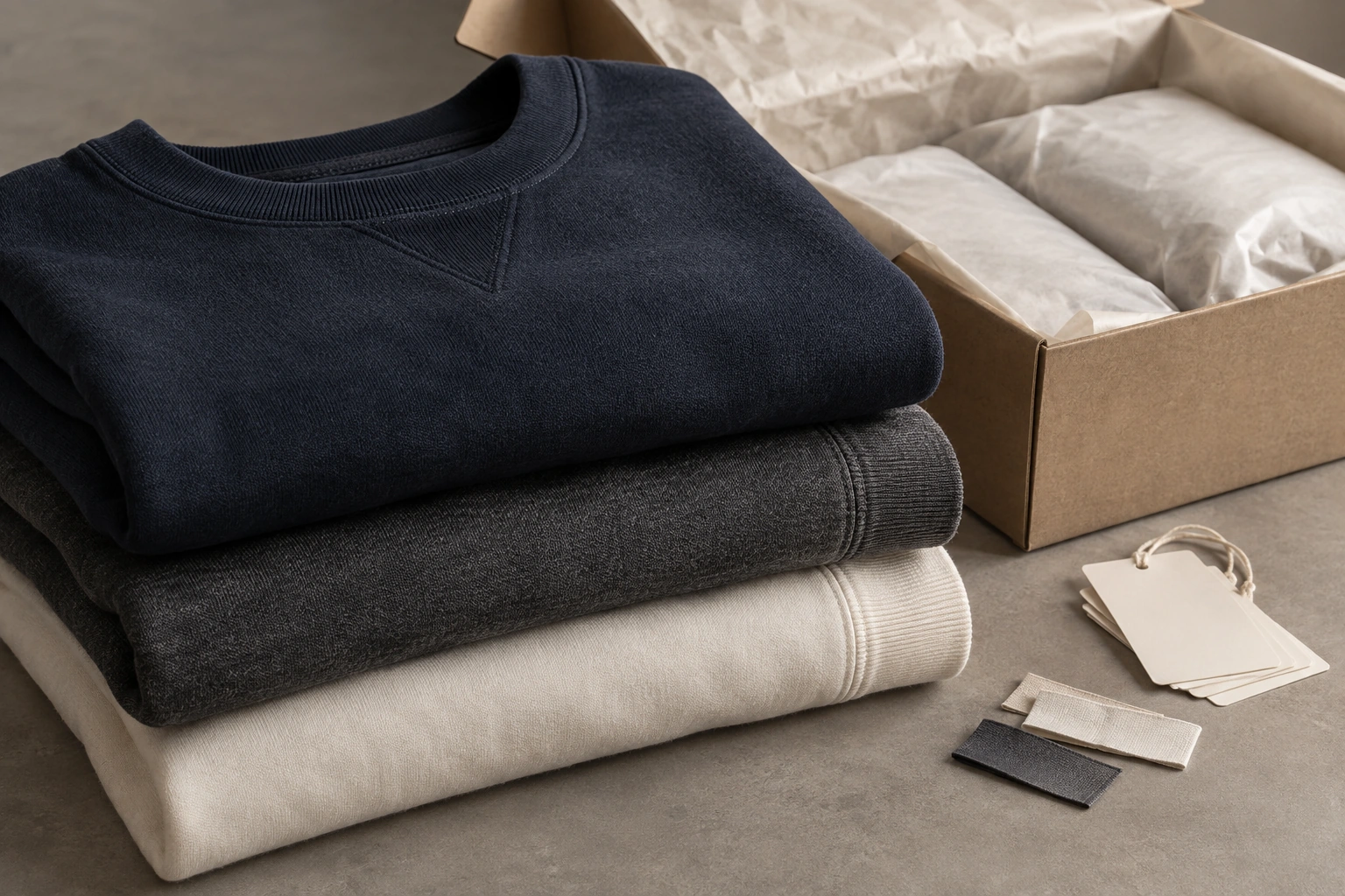 folded navy, charcoal and ivory sweatshirts beside tissue-wrapped garments and a shipping carton