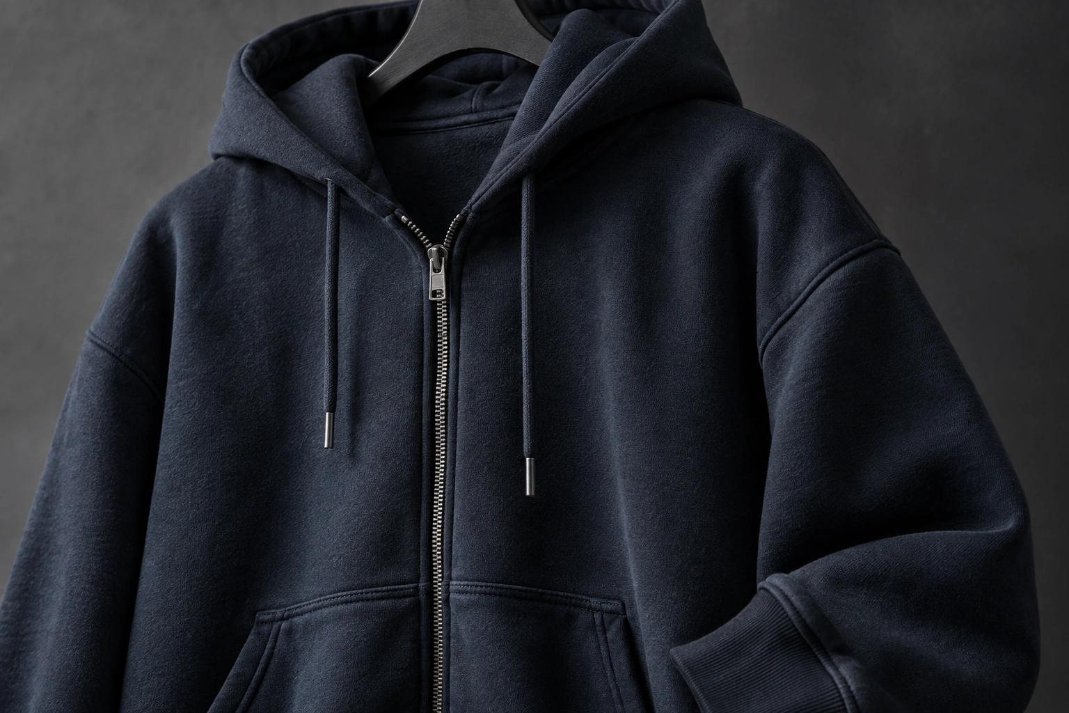 a hanging navy hoodie showing hood volume, dropped shoulders, zipper and natural fabric drape