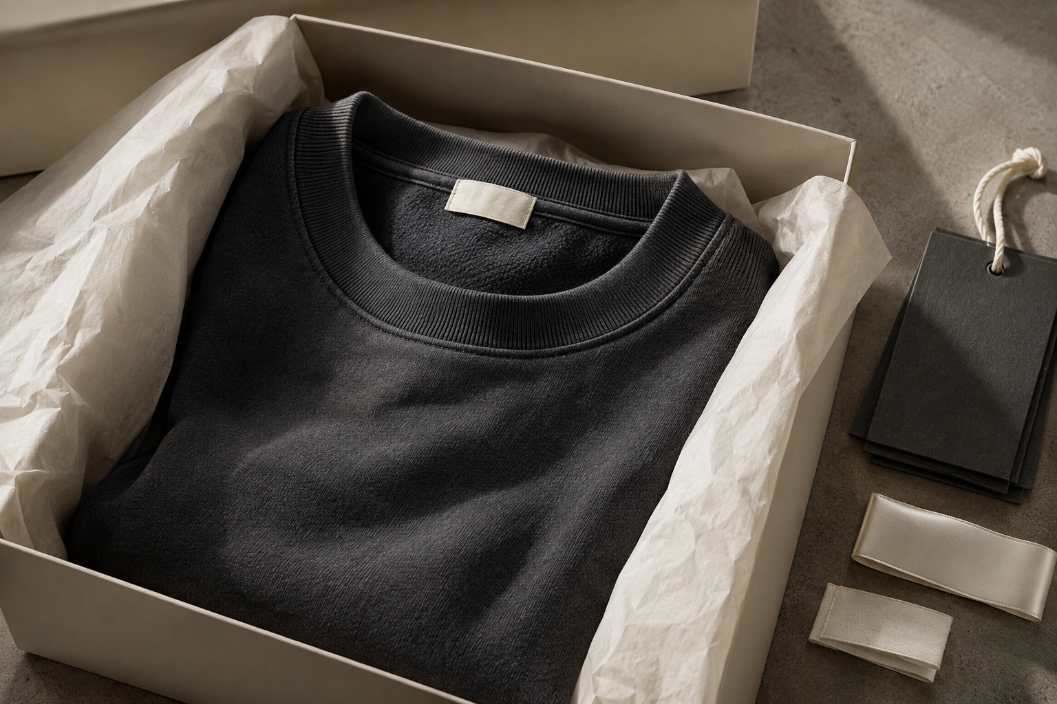 a folded sweatshirt with a woven neck label, care-label ribbon, blank hangtags, tissue and a garment box