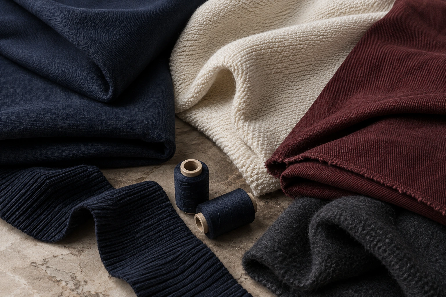 navy jersey, ivory loopback, burgundy twill, charcoal fleece, rib and matching thread