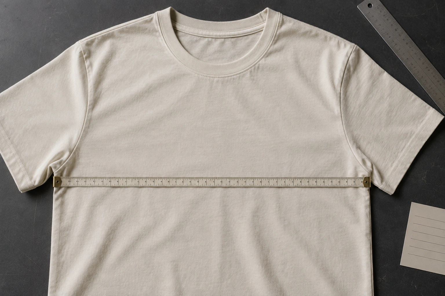 a cream T-shirt laid flat with a tape across the chest below the armholes