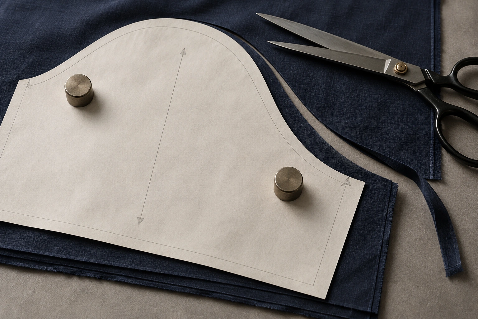 a paper sleeve pattern, weights and tailor shears on navy fabric layers