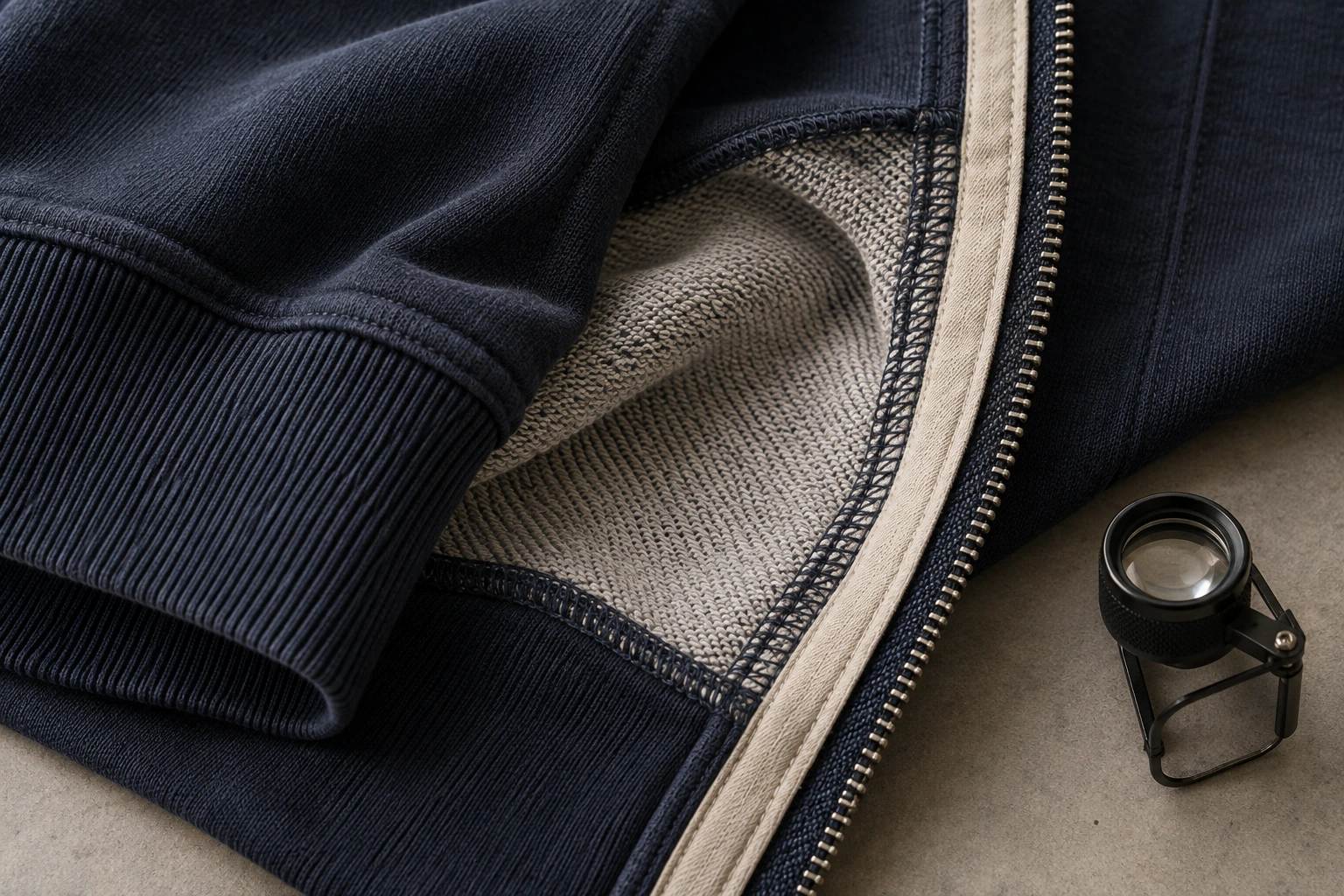 overlocked interior seams, rib cuff attachment and zipper tape beside an inspection loupe