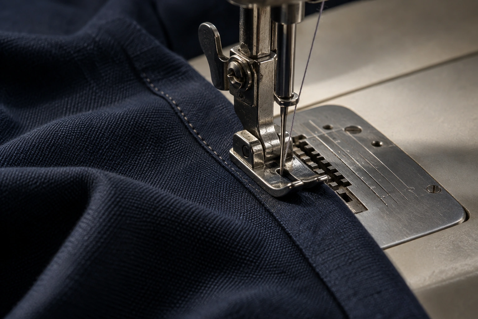 an industrial needle and presser foot forming a precise seam on navy cloth
