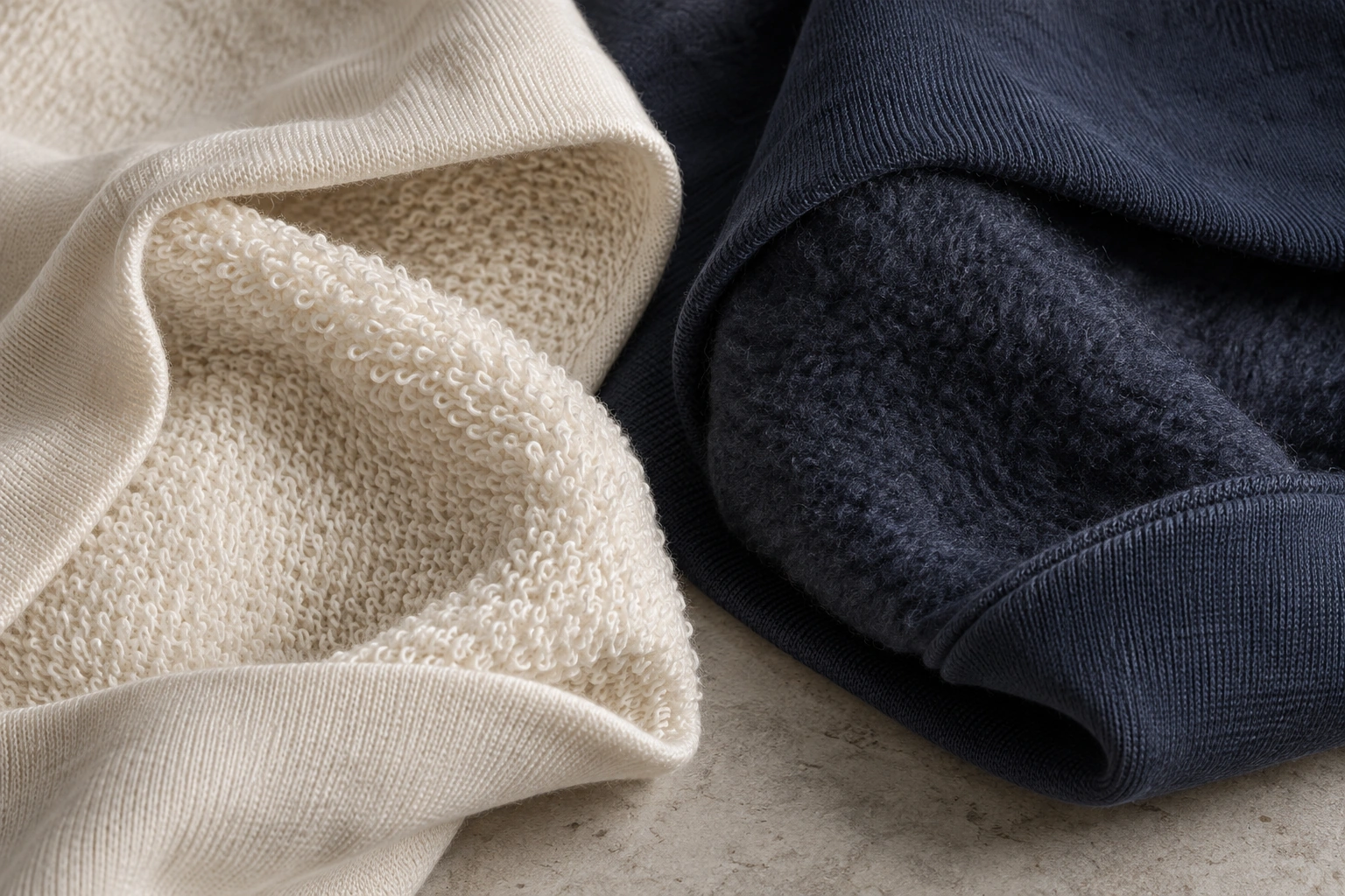 ivory French terry loopback beside navy brushed fleece, showing the different inner surfaces