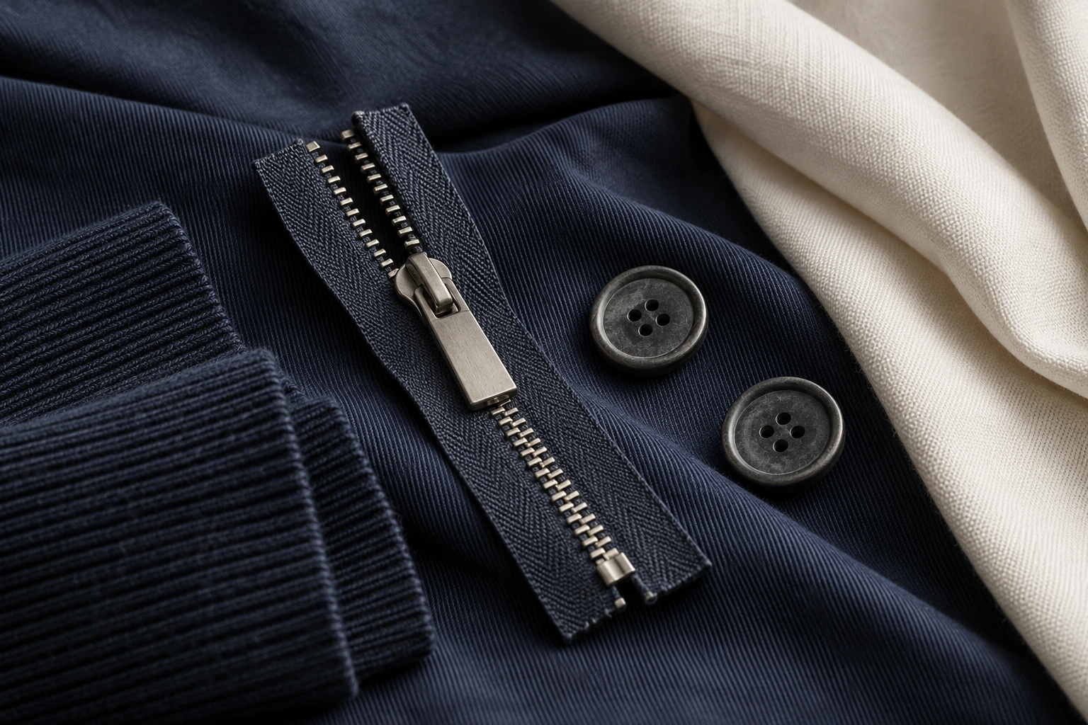 nickel zipper, graphite buttons, navy rib and cotton fabric swatches