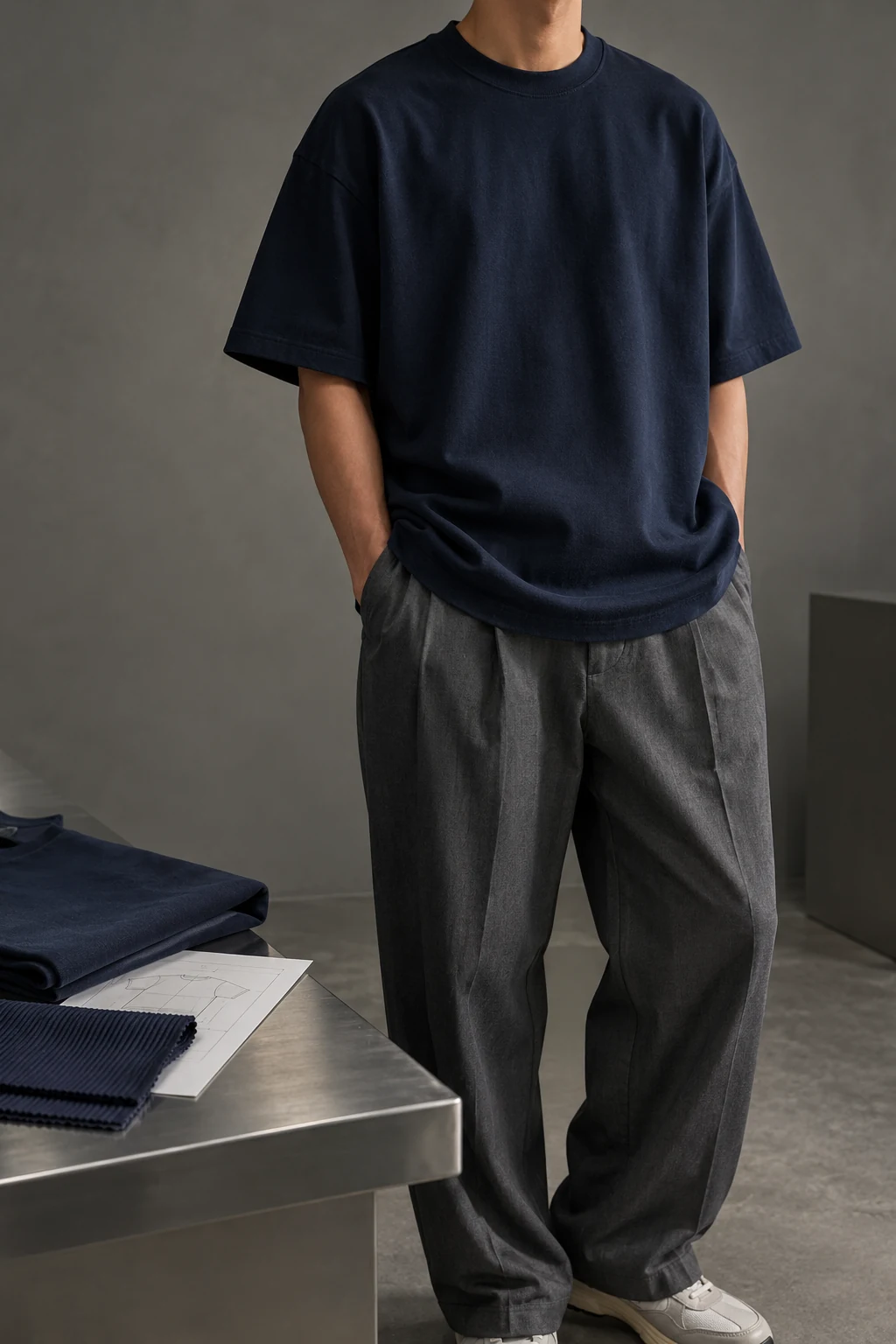 Fit study of a model wearing a heavyweight oversized navy T-shirt