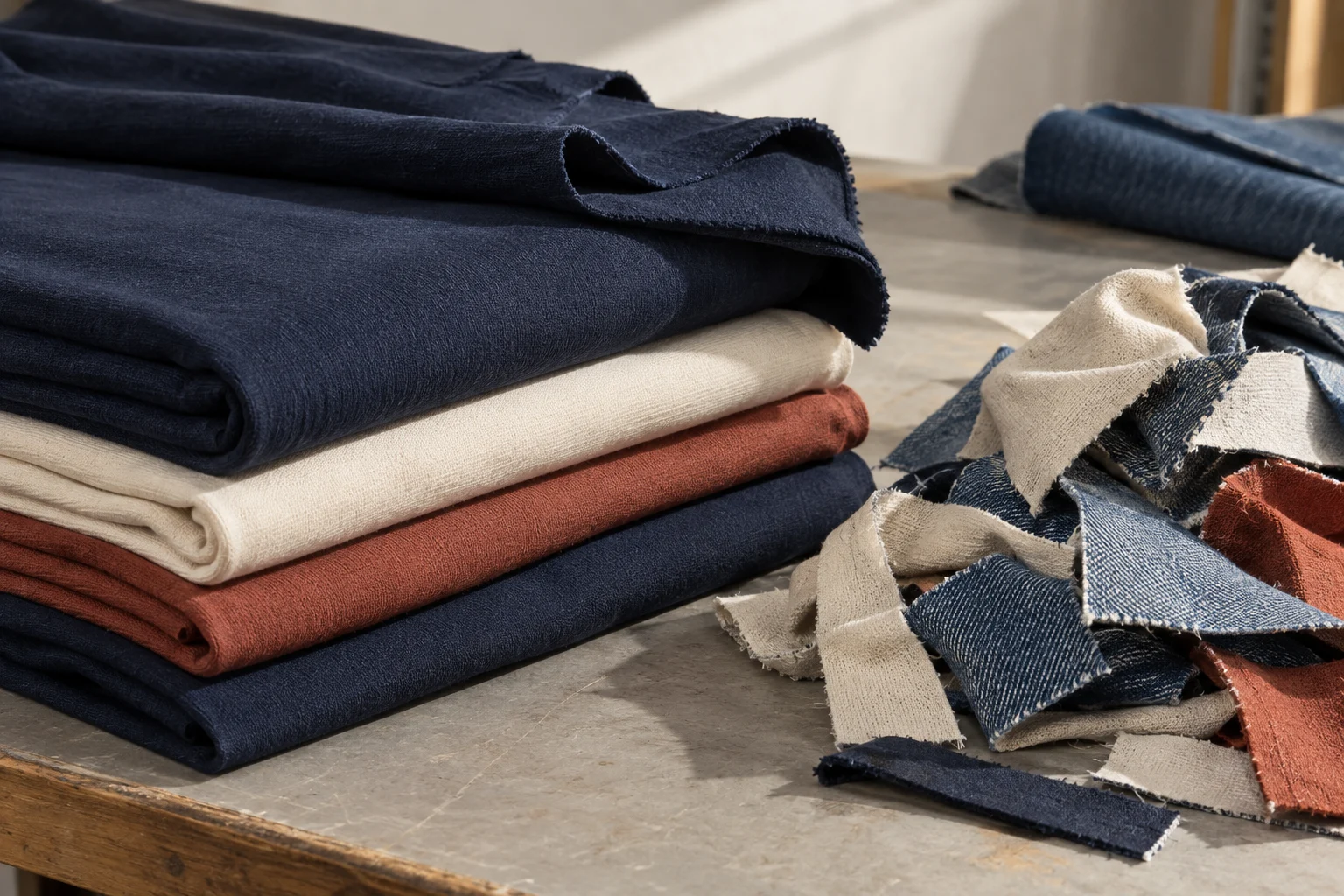 Editorial study of folded fabric remnants and smaller offcuts on a worktable