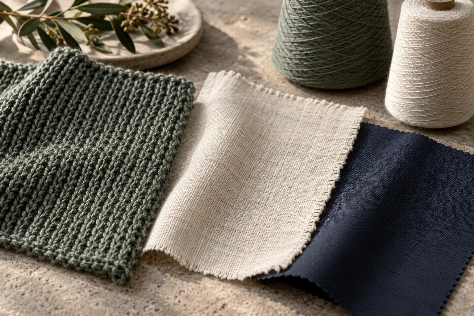 green sweater knit, cream linen and navy woven swatches beside yarn cones