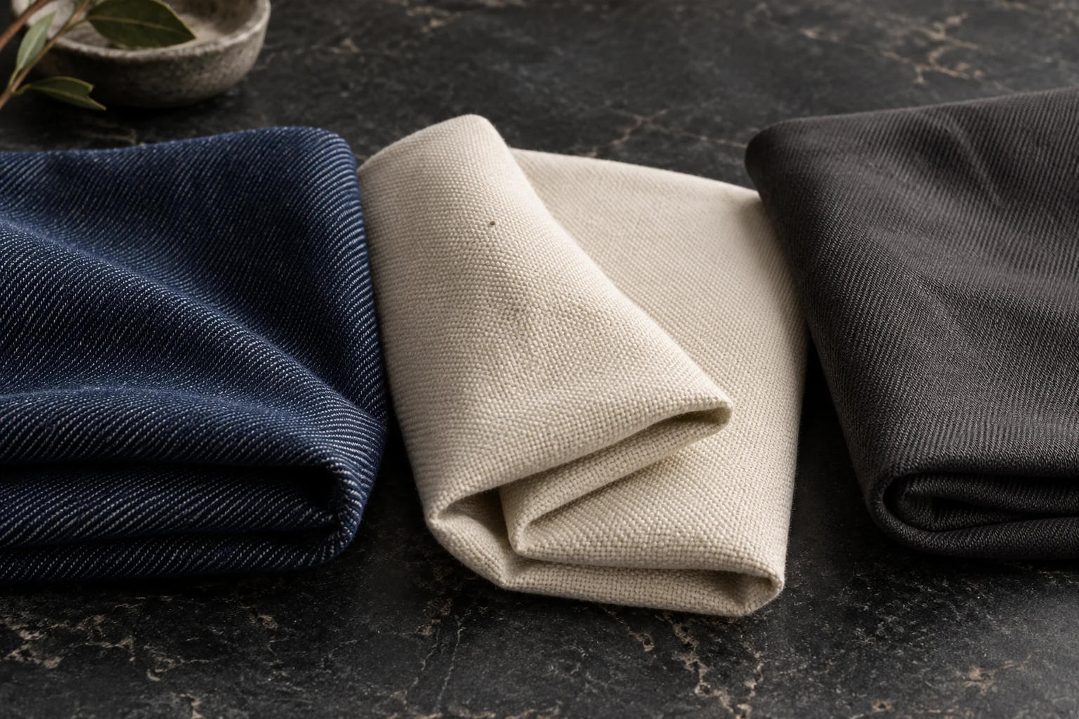 indigo denim, cream canvas and charcoal twill showing their different woven textures