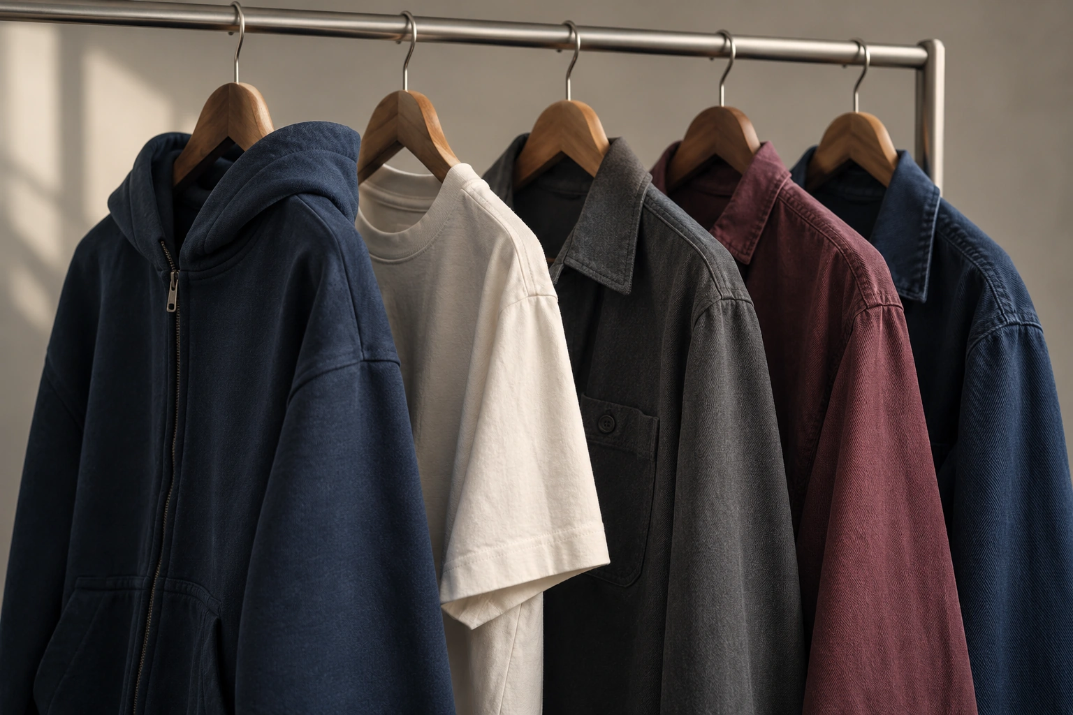navy, ivory, charcoal, burgundy and indigo garment samples hanging on a rail