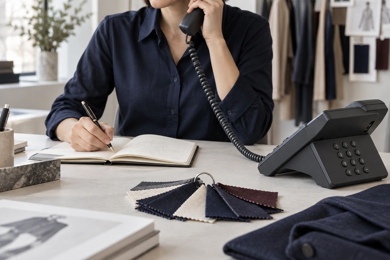 a consultant taking a telephone call and noting garment requirements beside fabric swatches