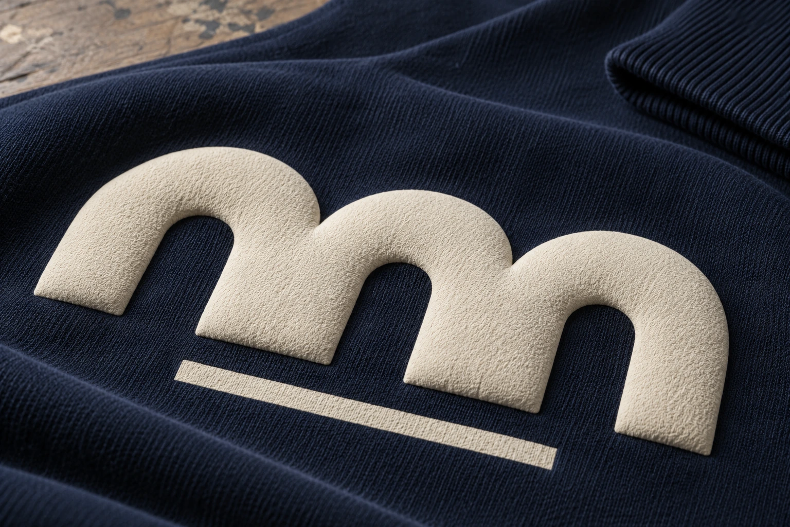 Rounded ivory puff-print arches and a flat printed line on navy sweatshirt fabric.
