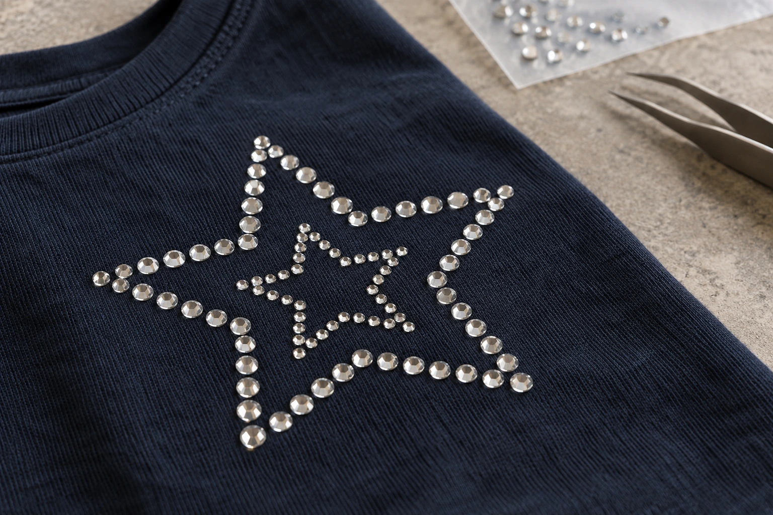Individual clear rhinestones forming two star outlines on navy cotton jersey.