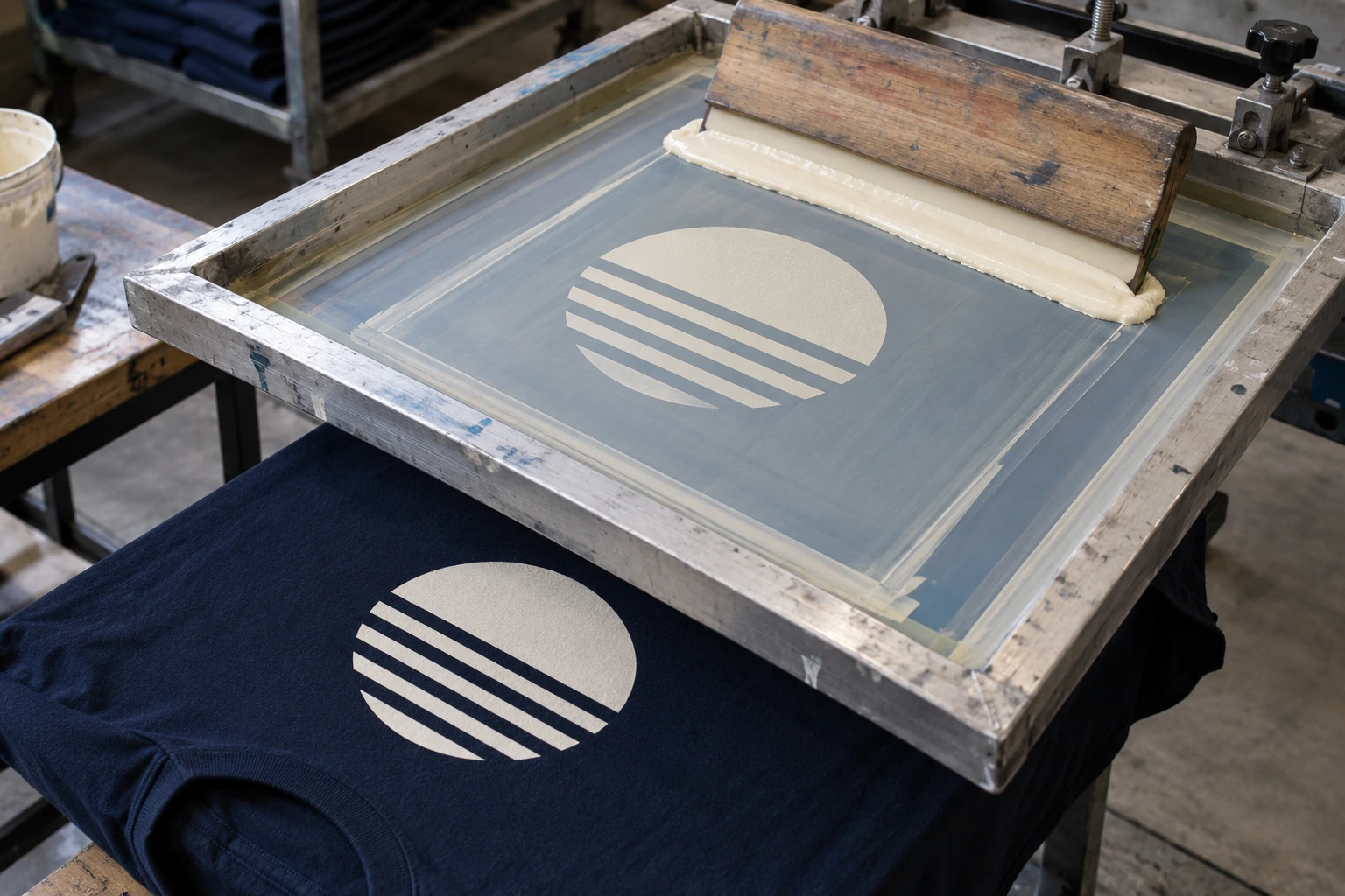 Ivory ink and a wooden squeegee on a textile screen above a navy cotton T-shirt.