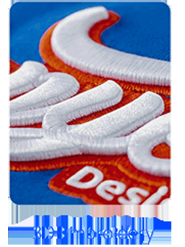 3D embroidery: Dense satin stitching creates a raised, clearly defined letter with a contrasting border.
