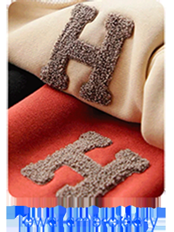 Chenille lettering: Looped yarn gives the letter a soft, terry-like surface suited to varsity-style motifs.