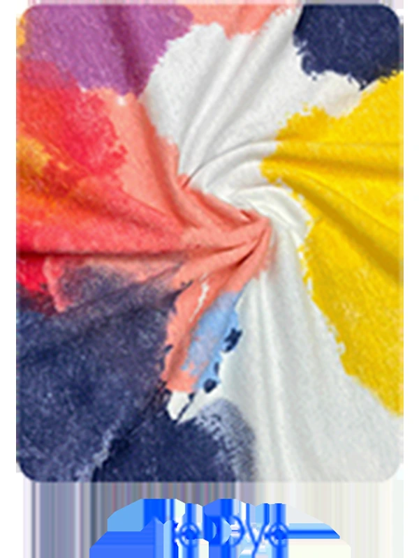 Resist-dyed color: A tie-dye reference shows irregular transitions rather than a precisely registered printed repeat.