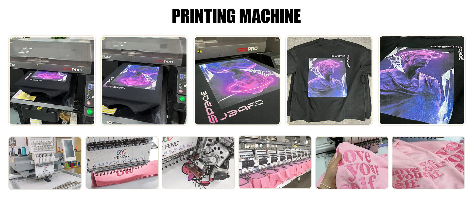 The black T-shirt lies flat on a Brother GTX PRO garment printer, with the artwork positioned on the chest.