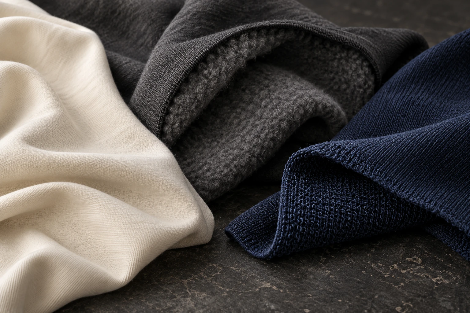 Illustrative close-up of cream jersey, charcoal brushed fleece and indigo French terry swatches